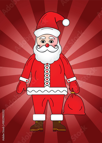 cheerful cartoon Santa Claus holding a red gift sack on a festive winter background, perfect for Christmas cards, holiday greetings, seasonal designs, and celebration themes