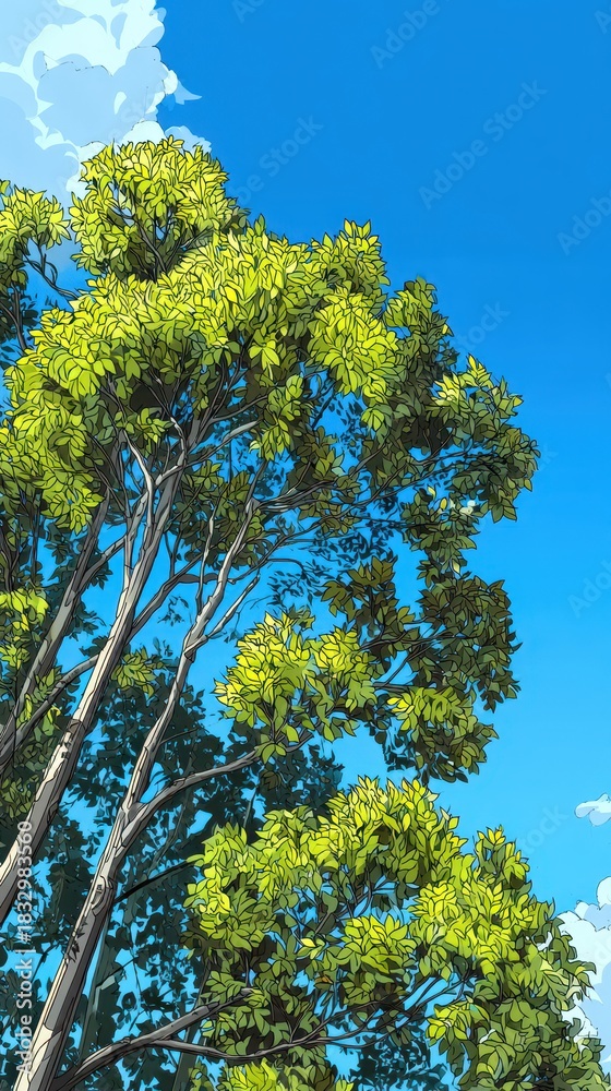 Fototapeta premium Digitally Illustrated Upward View of Tree Canopy and Blue Sky with Clouds