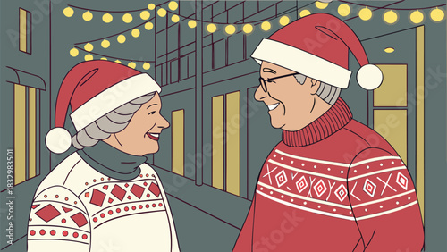 Elderly couple wearing christmas sweaters and hats walking down a festive street