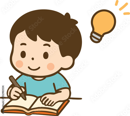 Kid writing in a book with idea lamp