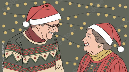 Elderly couple wearing santa hats and christmas sweaters sharing a moment
