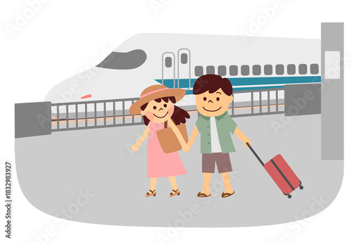 新幹線で旅行する男女