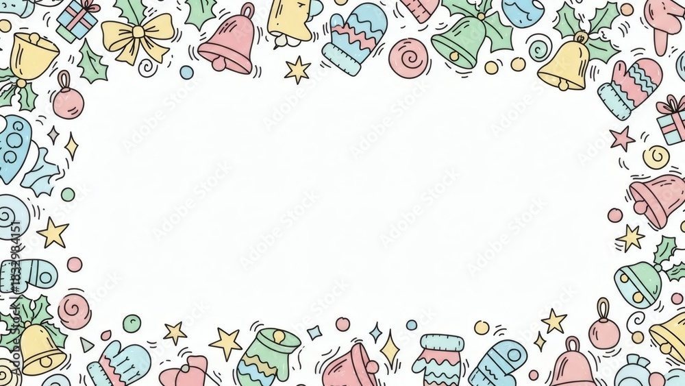 Fototapeta premium Festive Christmas Background with Hand-Drawn Decorations Bells, Mittens, and Gifts on a White Canvas