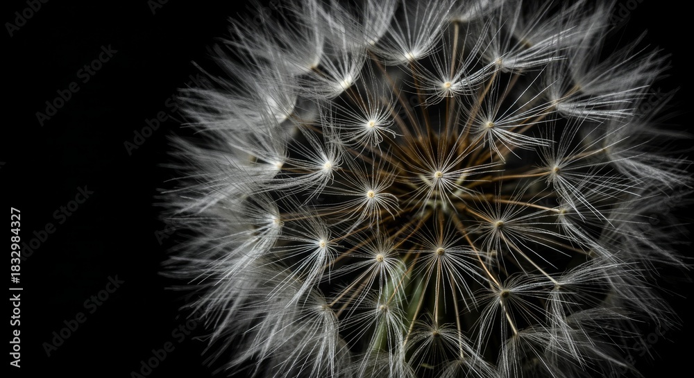 Obraz premium Dandelion Seed Head Close Up - A detailed close up of a dandelion seed head against a black background. The delicate structures are clearly visible