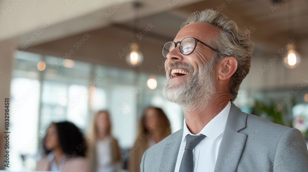 Fototapeta premium Elderly man smiles joyfully while attending a business event in a modern office setting