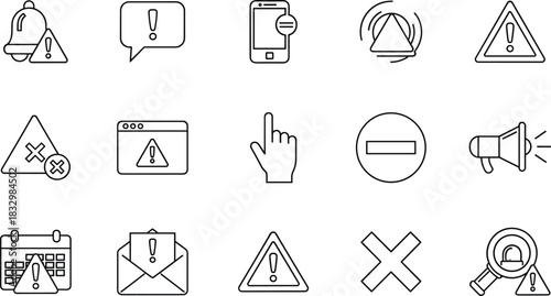 Vector Set of Outline Alert and Warning Icons, Mobile Notification, Exclamation Mark, Triangle Caution, Calendar Event, and Error Message Graphic Elements for UI Design.