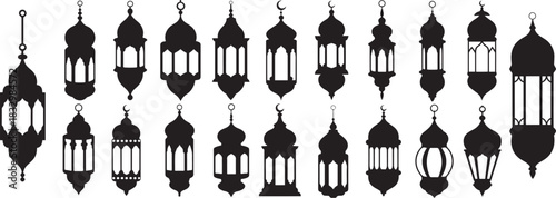 A diverse assortment of intricately designed Islamic lantern silhouettes, perfect for festive decorations and cultural themes.