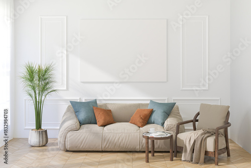 A Horizontal Thin Frame Mockup on Light Wall in Modern Interior. 3D Render.