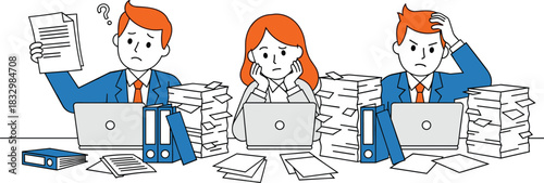 Stressed Business People with Paperwork Overload, Vector Illustration of Employees Overwhelmed by Workload, Office Stress, Deadline Pressure, and Financial Accounting Problems.