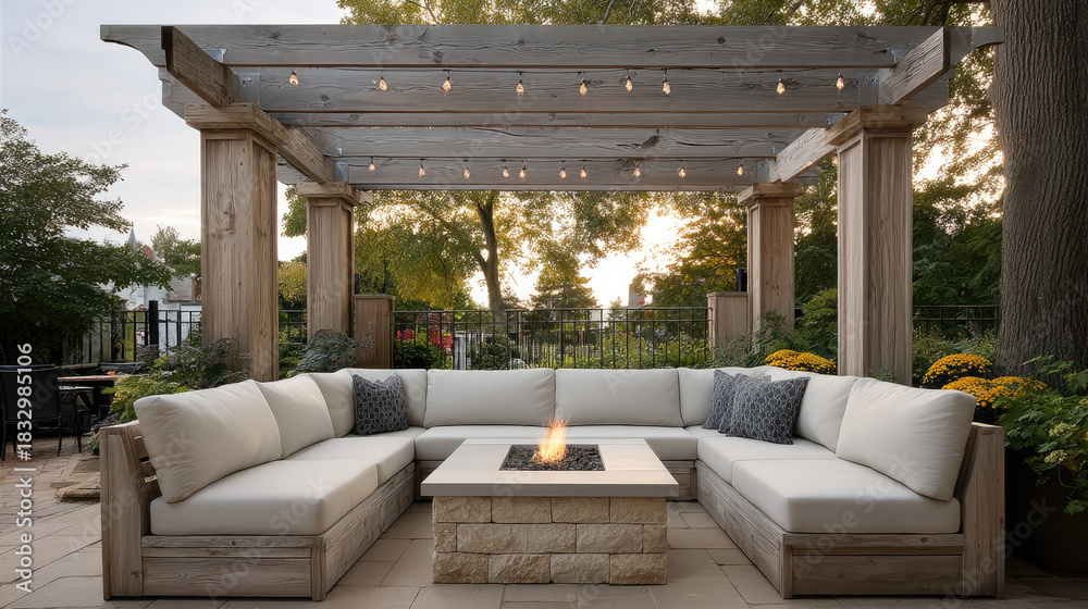 Obraz premium Cozy outdoor seating area with beige cushion sofa, wooden pergola, string lights, fire pit, and lush garden surroundings