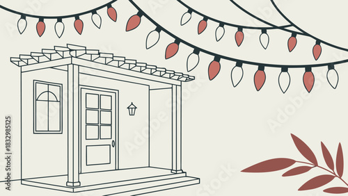 Cozy porch with festive string lights and autumn leaves illustration