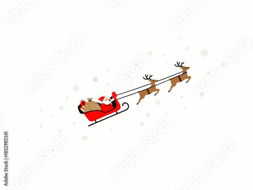 Santa Claus rides in his red sleigh pulled by two reindeer against a snowy white background.