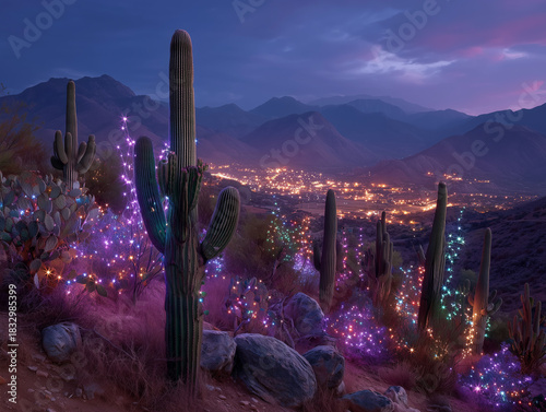 Saguaro cacti in desert landscape at night glow with xmas lights. A distant town twinkles under starry sky. Festive lights on desert plants, magical scene