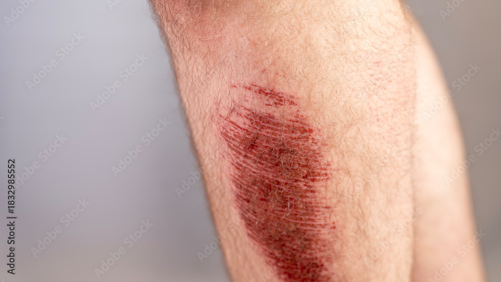 Fototapeta premium Severe scuffing of the skin on the male shin, Injury, abrasion close-up. High quality photo