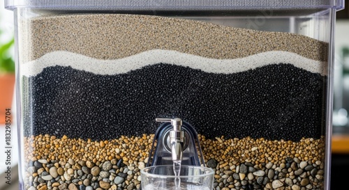 Sectional water filtration tank displays layers of pebbles, sand and charcoal in detail. Water filtration reveals purification stages, from larger stones to fine grains,