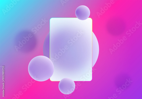 Vibrant glassmorphism style background with glass panel and purple spheres on bright neon gradient background.