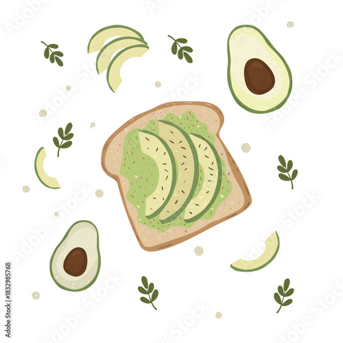 Hand-Drawn Avocado Toast with Sliced Avocado, Herbs, and Whole Avocados on White Background