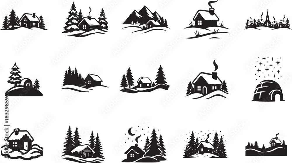 Fototapeta premium Winter landscape with snow house silhouette icon set in bold vector style for seasonal designs.