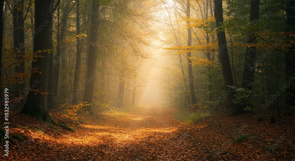 Fototapeta premium Golden Light Forest Path - Misty forest path covered with golden leaves, symbolic of change, transition, hope, nature's beauty, and the passage of time
