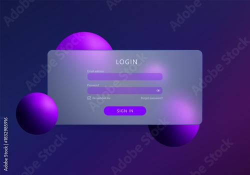 Elegant login form with glowing purple spheres on dark gradient background in glass morphism style.
