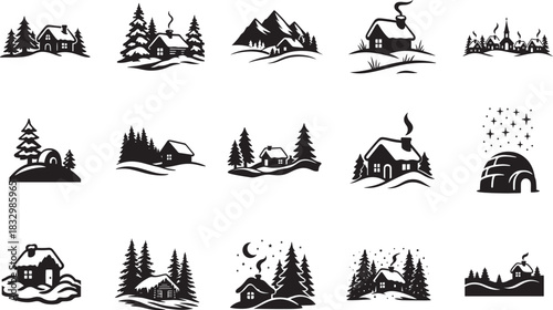   Winter landscape with snow house silhouette icon set in bold vector style for seasonal designs.