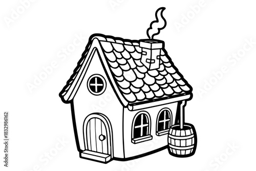 Cute Cartoon House A Charming Illustration with Chimney, Barrel, and Windows for Creative Projects