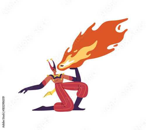 Fire eater or breather on circus stage. Cirque artist does dangerous tricks, spits flame while performance. Performer shows in harlequin costume. Flat isolated vector illustration on white background