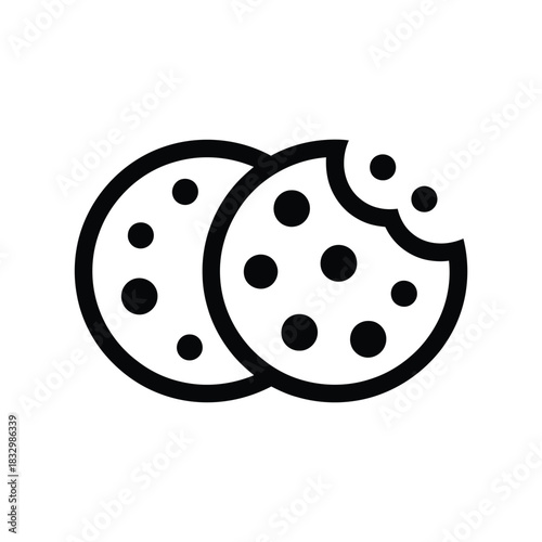 Simple line art icon of two chocolate chip cookies one partially eaten