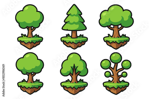 A vibrant collection of six different cartoon-style trees, each situated on a small floating island. This versatile set is ideal for video game assets or nature-themed graphic design projects