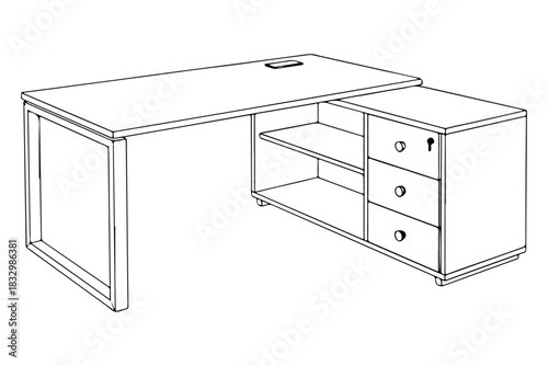 Clean vector illustration of a modern office desk, complete with an integrated storage cabinet featuring shelves and lockable drawers, designed for a productive and organized workspace