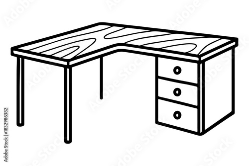 A simple black and white outline illustration of an L-shaped wooden corner desk with drawers, suitable for office or study concepts