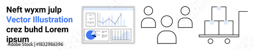 Analytics dashboard with graphs, pie chart, team figures, trolley with stacked boxes. Ideal for business strategy, collaboration, logistics, productivity, planning teamwork simple landing page