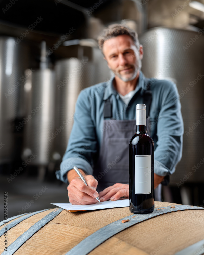 Fototapeta premium Red wine bottle on oak barrel in winery, winemaker writing notes, stainless steel tanks background, professional atmosphere