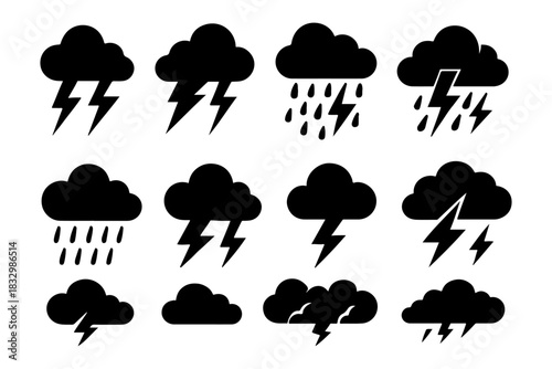 Weather Icons Diverse Collection of Stormy and Cloudy Illustrations in Black and White
