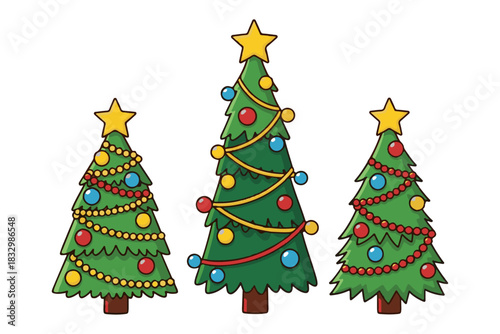 A delightful set of three hand-drawn Christmas trees, each decorated with colorful ornaments, festive garlands, and a glowing star on top