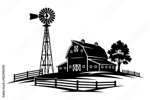 Classic rural farmstead scene featuring a traditional barn, a towering windmill, and rustic fences on rolling hills, depicting timeless agricultural heritage and country living