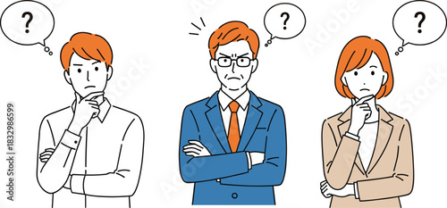Vector Illustration of People Thinking with Question Marks, Three Professionals Looking Confused and Puzzled, Problem Solving, Uncertainty, and Decision Making Concept Graphics.