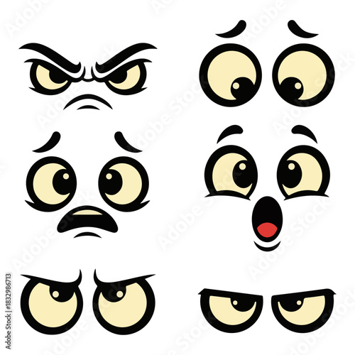 Set of expressive cartoon eyes illustrating a variety of feelings like shock, worry, anger, and suspicion, perfect for character design