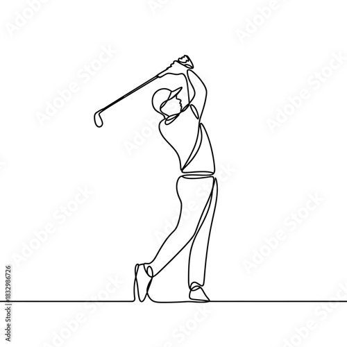 Golfer swinging club in continuous line art style