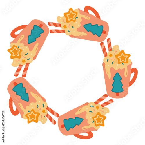 Simple illustration of a christmas wreath made of cute holiday mugs with cookies, candy canes and winter decorations. Festive winter circle composition for cards, stickers, invitations, holiday deco. 
