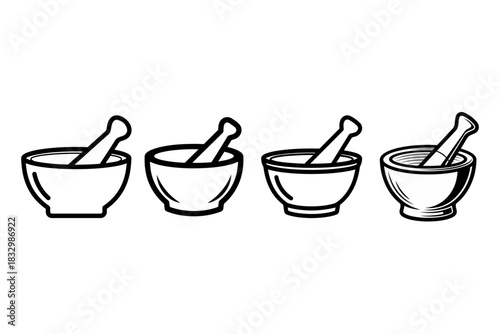 A set of four outlined mortar and pestle illustrations, showcasing a variety of shapes and sizes