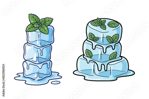 A cool and refreshing cartoon illustration of two stacks of melting ice cubes garnished with fresh green mint leaves