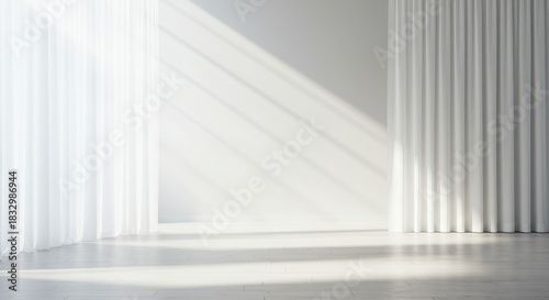 Light Filled Minimalist Room with White Curtains - A bright, minimalist room bathed in natural light. Represents purity, clarity, peace, potential, and new beginnings