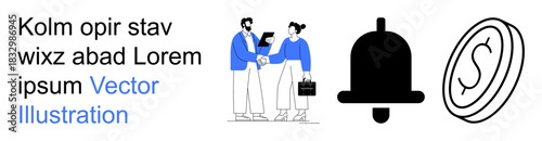 Business meetings, notifications, transactions, teamwork, digital alerts, finance. A man and woman sharing files, a notification bell and a coin icon. Business meetings and notifications concept