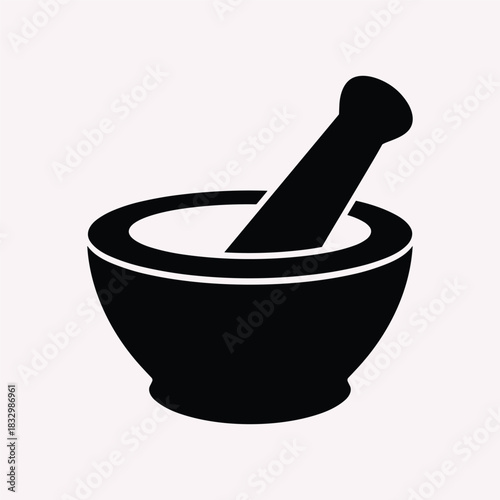 Black mortar and pestle icon on a light pink background white tool