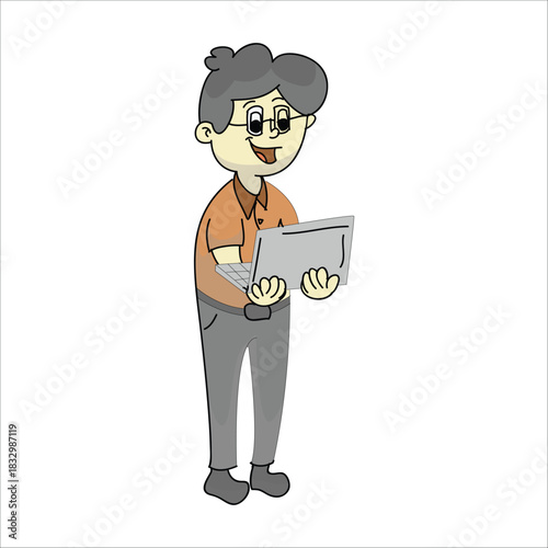 Professional IT technician standing and typing on an open laptop. Concept of mobile tech support