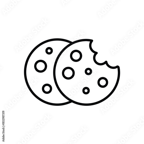 Simple line art icon of two chocolate chip cookies one partially eaten