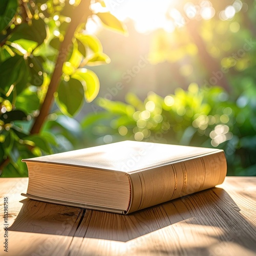 A book rests on a wooden table, bathed in sunlight filtering through lush greenery