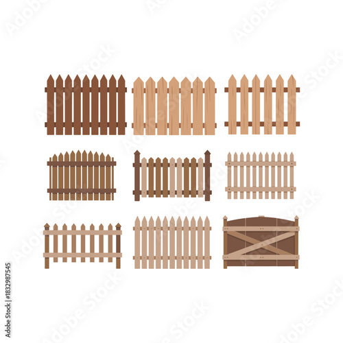 Collection of nine flat design wooden fences and one gate in various styles and colors picket fence garden fence vector illustration.