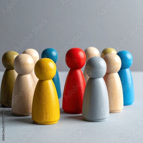 A group of small, wooden figurines in various colors, centered around a single red figure